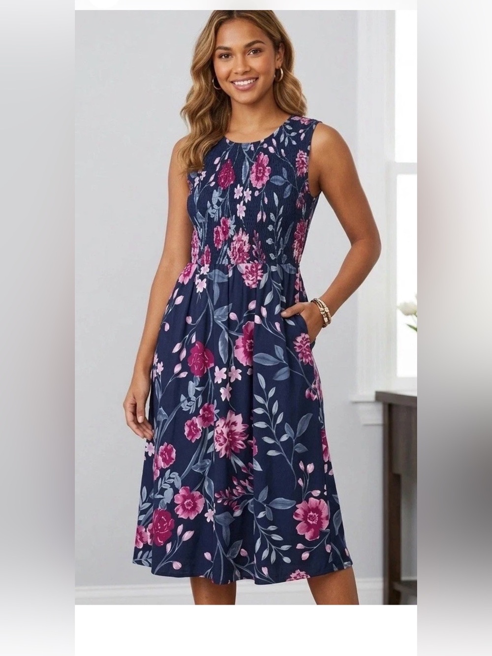 Calvin Klein Navy Midi Dress with Pink Floral Print